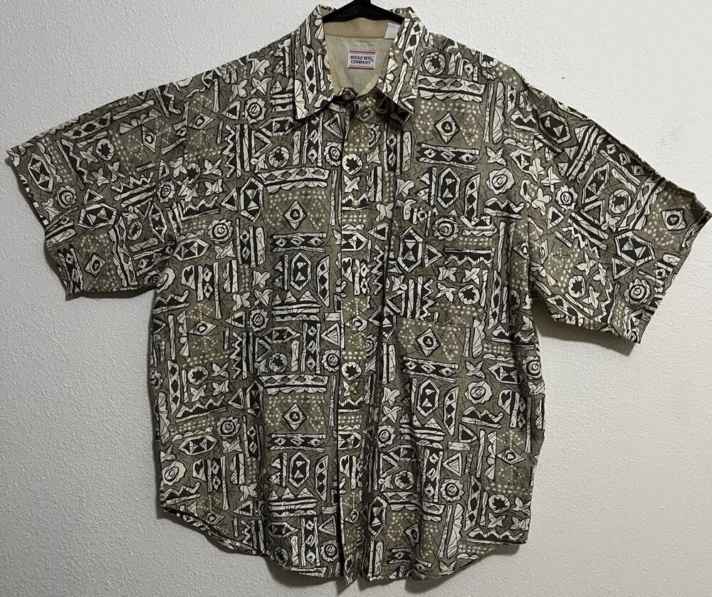 Bugle Boy Company Men's L Beige/Black/White Geometric Short Sleeve Button-Up